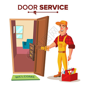 锁匠修理工向量解锁门服务卡通人物插图高清图片