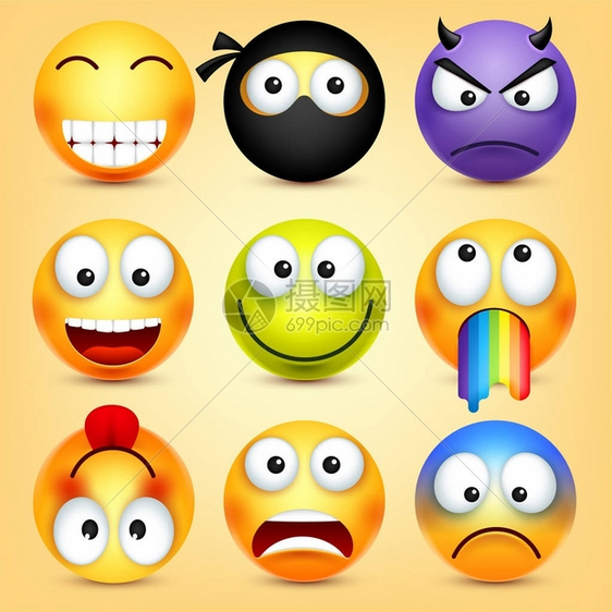 面带笑容表情符号设置黄色的脸与情感面部表情3d的真实表情有趣的卡通心情Web图标矢量图图片