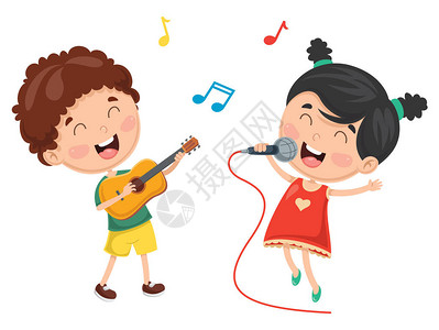 孩子们演奏音乐和唱歌的矢量插图图片