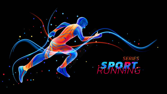 矢量3d赛跑者与霓虹灯线隔绝在黑色背景与五颜六色的斑点带有彩色画笔的液体设计田径马拉松跑步的例证体育与竞争主题背景图片