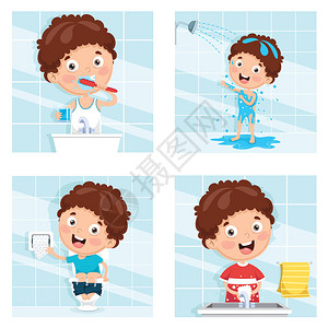儿童洗澡刷牙厕所洗手之后洗插画
