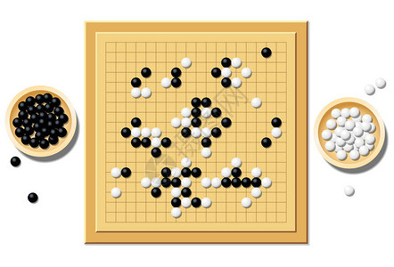 五子棋或围棋棋盘有一个典型的游戏过程和两个装满黑白石头的木碗这是传统的策略游戏白色上的孤立矢量插图图片