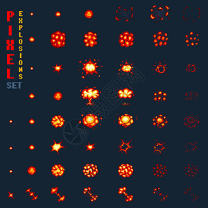 像素艺术爆炸游戏图标设置喜剧热潮对情绪的火焰效应8位向量爆轰爆炸闪光核泡沫与烟雾动画框架过程步骤视频火背景图片