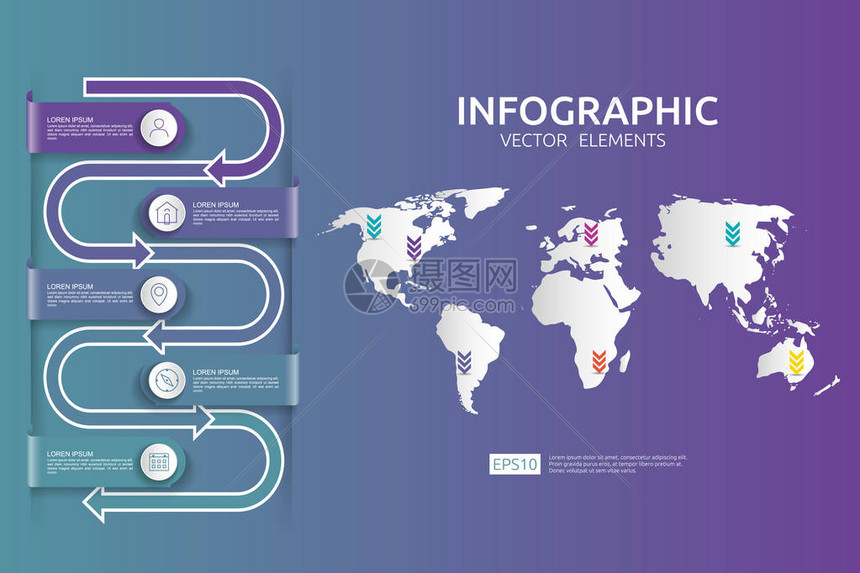 5个步骤信息图表带有箭头元素和世界引脚背景的时间线设计模板有选择的商业概念对于内容图流程图步骤部件工作流图片