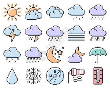 阴转小雨概述的像素图标的集合天气插画