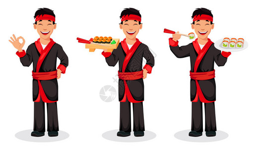 盘子里日本厨师煮寿司卷套三体式英俊的卡通人物显示ok标志和举行寿司卷矢量插图插画