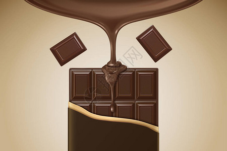 3d插图巧克力酒吧与酱油从顶部滴水为设计用途图片