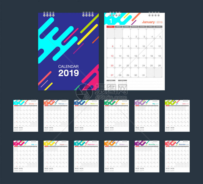 2019彩色日历台历现代设计模板星期从星期日开始A5或A4纸张图片
