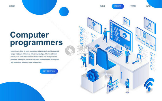 用于网站和移动网站开发的计算机程序员的现代等距设计理念等距登陆页面模板工程师项目团队的开发图片