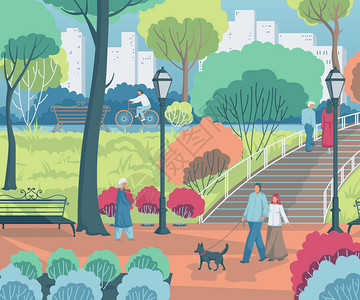 人们在城市公园里散步景观与树木灌木长凳矢量插图背景图片