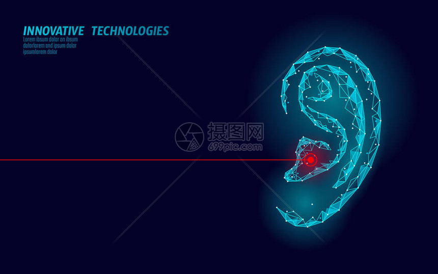 世界聋人听证会日人耳器官低聚多边形三角形点线粒子未来创新医疗中心预防意识矢量插画海报图片