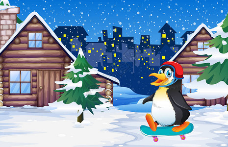 企鹅在冬天玩滑板插图背景图片