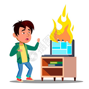 紧挨着亚洲胆怯的小孩倒入火焰笔记本电脑图片