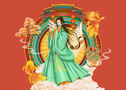 八仙过海迎新年之韩湘子手绘插画图片