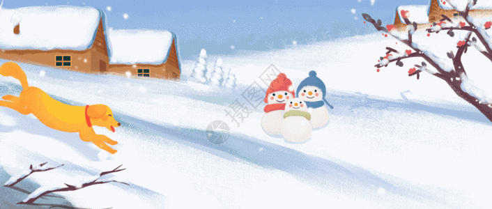 树插画冬至下雪天滑雪雪橇运动卡通人物和狗插画GIF高清图片