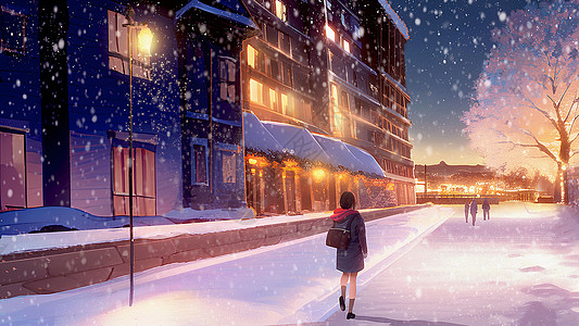 冬天的女孩雪天夜景高清图片