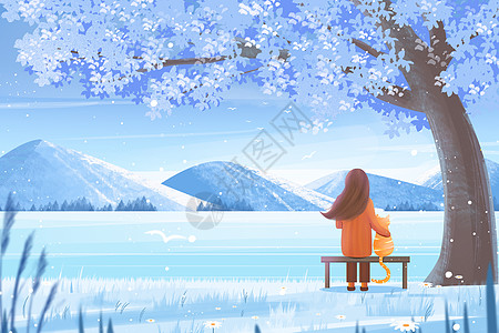 雪地树叶唯美治愈冬天下雪了大雪湖边撸猫雪景插画插画