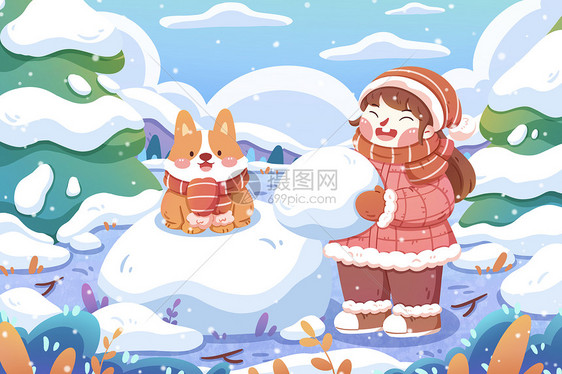 女孩与小狗户外堆雪人卡通插画图片