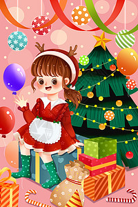 圣诞节女孩与礼物插画图片