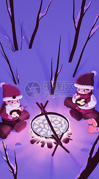 夜晚丛林雪地里煮饺子吃开屏插画图片
