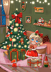 小女孩拿着苹果在家里过圣诞节高清图片