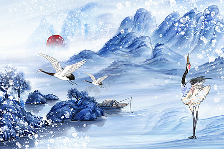 国潮风冬季山水仙鹤背景图片