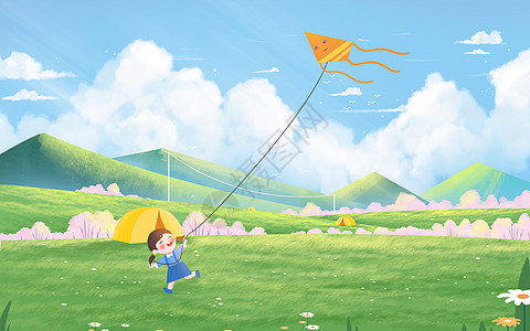 唯美治愈立春春分主题之女孩在草地上放风筝背景图片