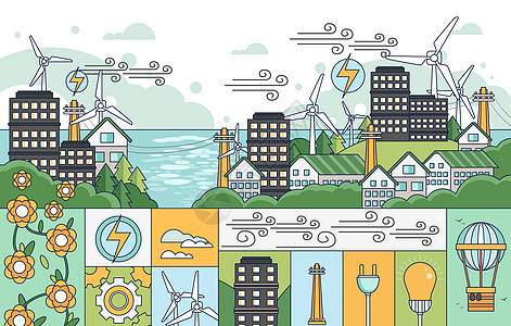 新能源清洁能源风能线描风横版插画图片