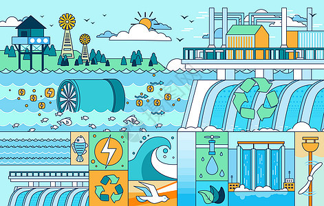 新能源清洁能海洋能源线描风横版插画图片