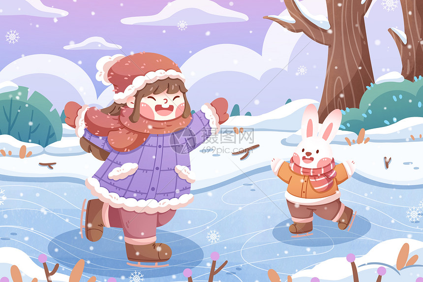 大寒节气女孩与兔子溜冰插画图片
