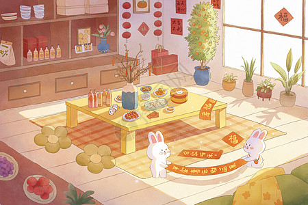 兔子新年房屋装饰布置喜庆氛围水彩风可爱治愈横版插画图片
