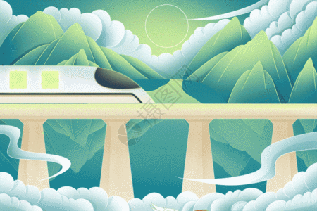 绿色群山前驶过的火车春节归乡主题插画GIF图片