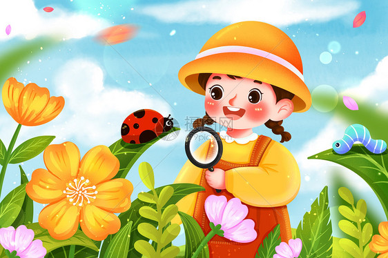 在花丛中观察昆虫的女孩插画图片