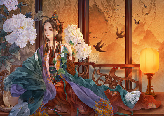 妇女节古风插画拿着花的古代女子图片