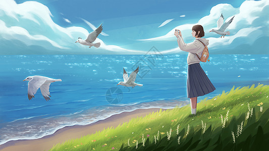 季节春日海边的旅行插画