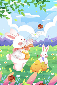 清新惊蛰节气兔子与梨子插画图片