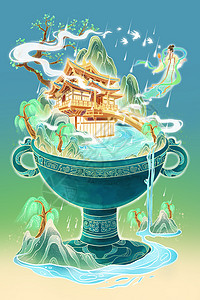 国潮中国风二十四节气雨水青铜器古建筑山水垂柳人物插画背景图片