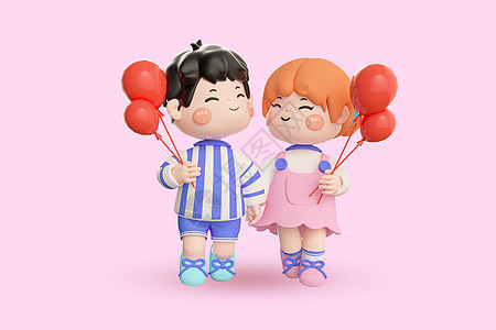c4d情人节卡通可爱情侣娃娃拿气球模型图片