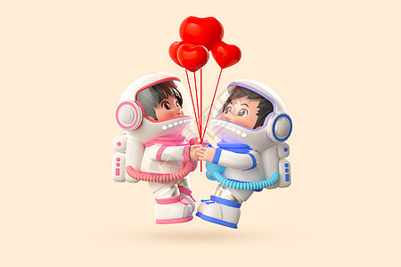 c4d情人节卡通宇航员情侣娃娃拿气球模型图片