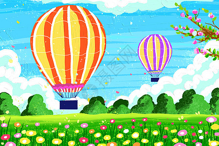 刮刀油画风热气球旅行风景插画图片