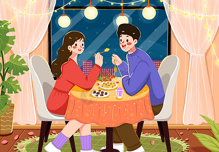 浪漫情侣一起约会吃饭插画图片