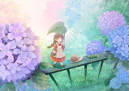 雨水下雨天拿着树叶遮雨的小女孩治愈插画插画