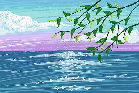 蓝紫色春天天空海洋浪花树叶发芽图片