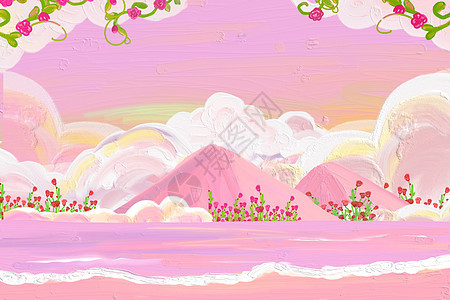 油画情人节粉红色浪漫花朵海浪山脉图片