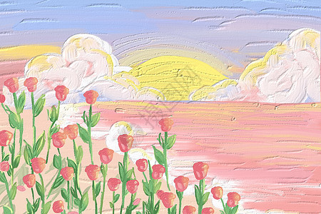 油画情人节玫瑰花山脉海浪背景图片