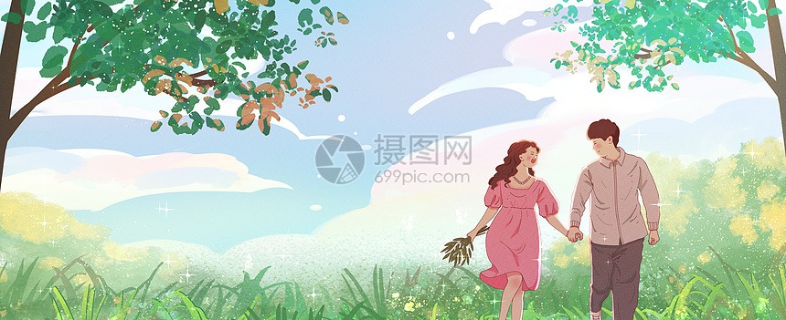 唯美治愈系小清新春日踏青运营插画banner图片