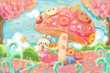 油画棒梦幻涂鸦春天樱花蘑菇小动物插画图片
