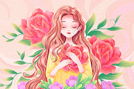 女生节唯美长发女生抱着花插画插画