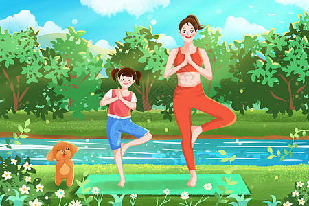 练瑜伽的妈妈和女儿插画背景图片