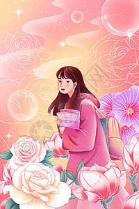 青春大学生妇女节唯美粉色手绘插画图片